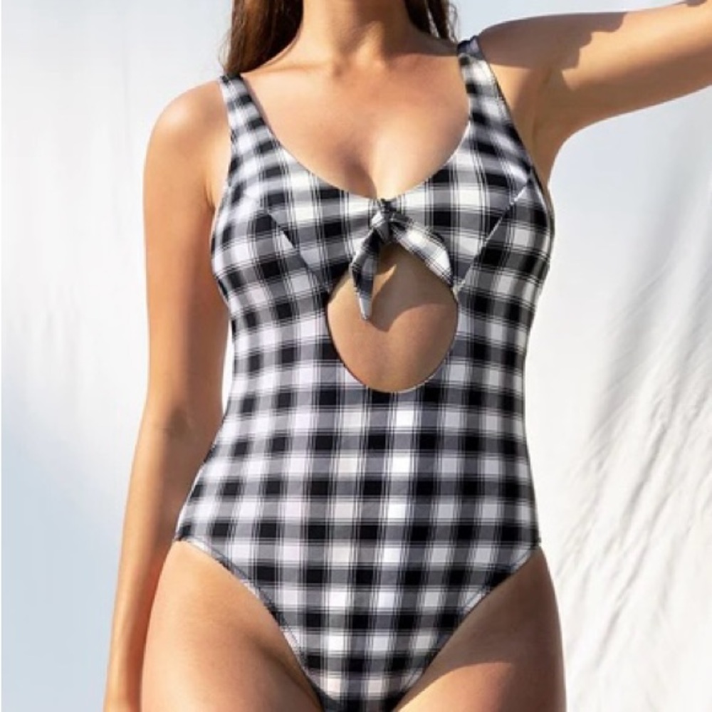 Retro Gingham Bowknot Cutout One Piece Swimsuit